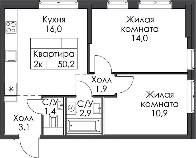 2-комнатная квартира 50.2 м², 1/15 эт., ЖК «Заречный парк»